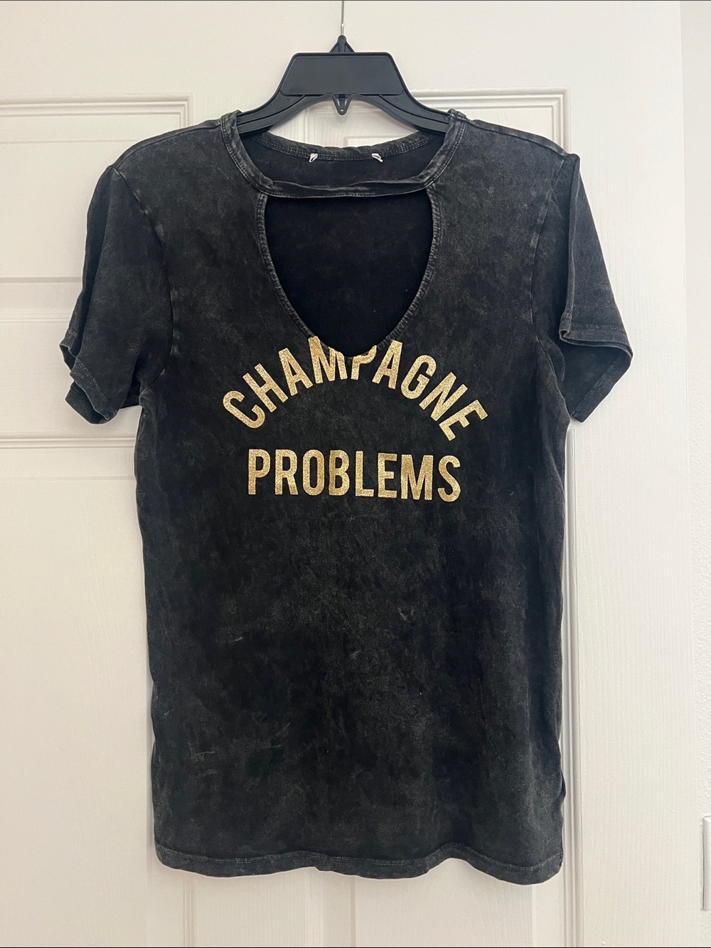 100% Cotton  Distressed Black V-Neck Graphic Tee T-shirt